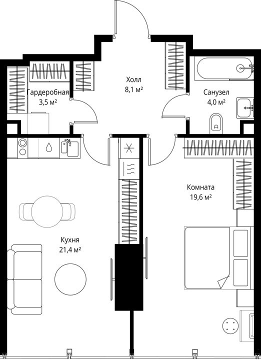 1-комнатная квартира, 56,6 м²