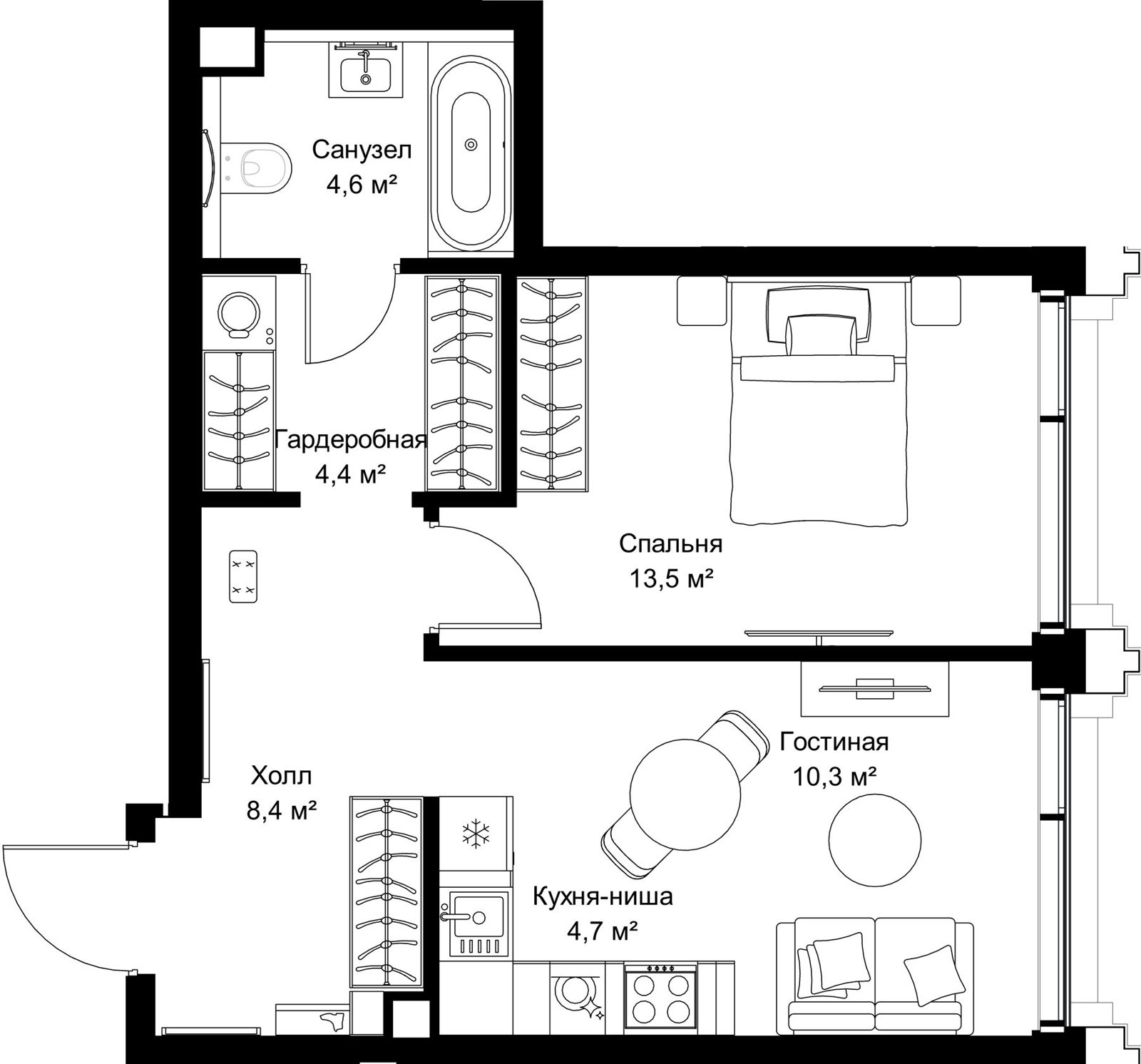 1-комнатная квартира, 45,9 м²