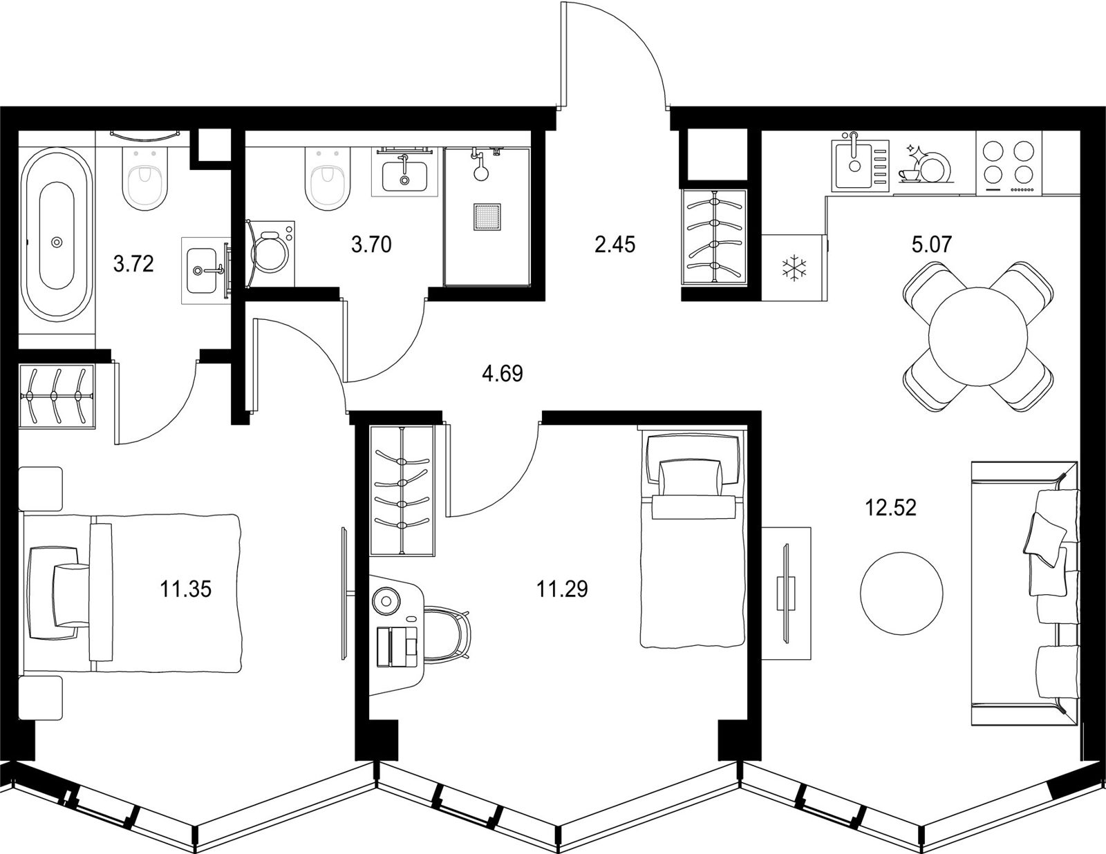 2-комнатная квартира, 54,8 м²