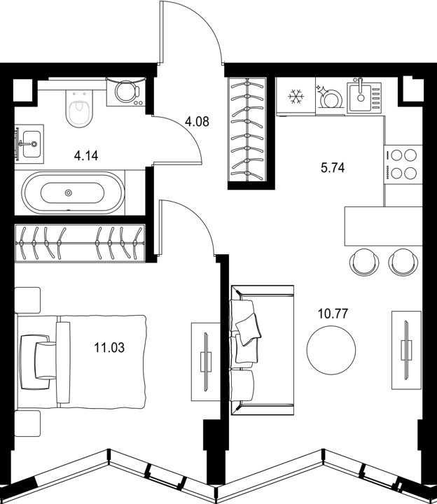 1-комнатная квартира, 35,8 м²