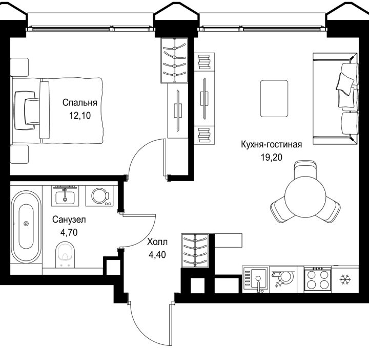 1-комнатная квартира, 40,4 м² — фото 1