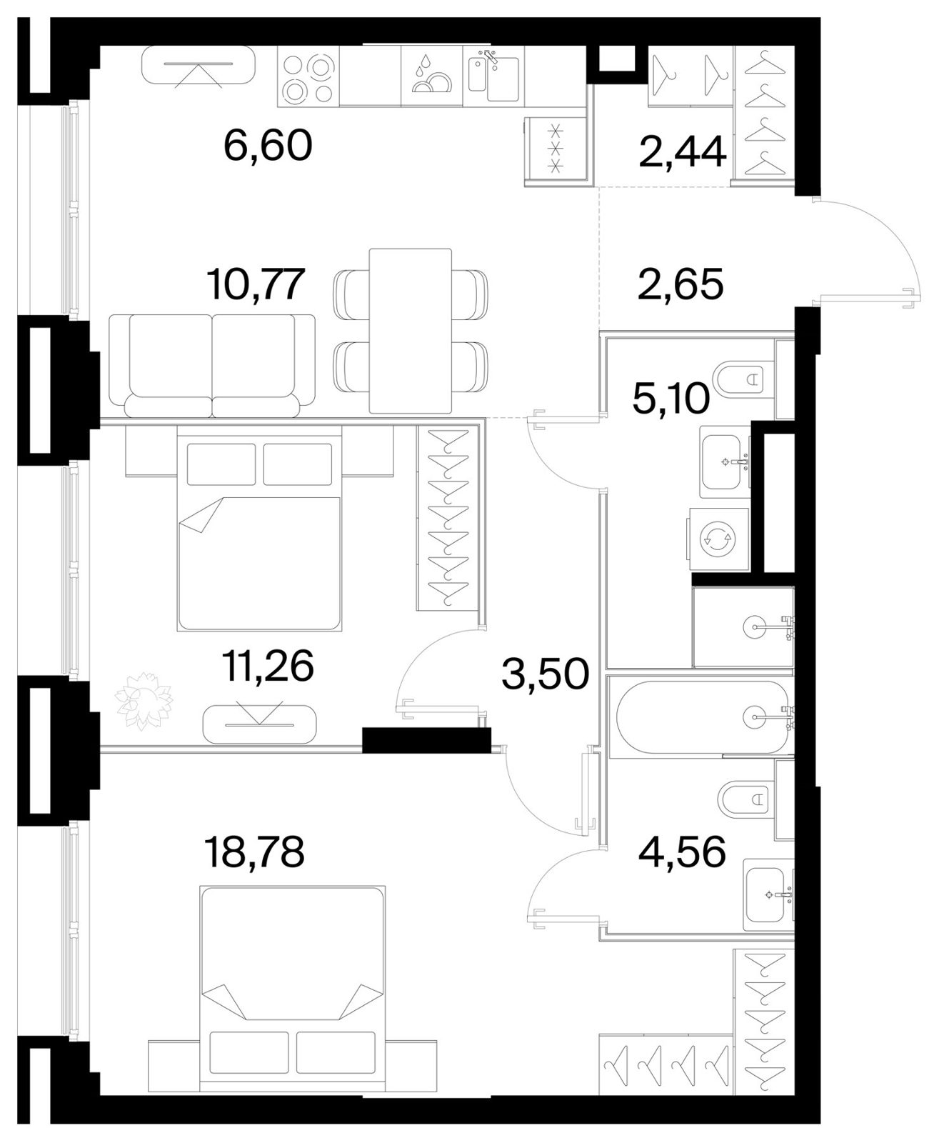 2-комнатная квартира, 65,7 м²