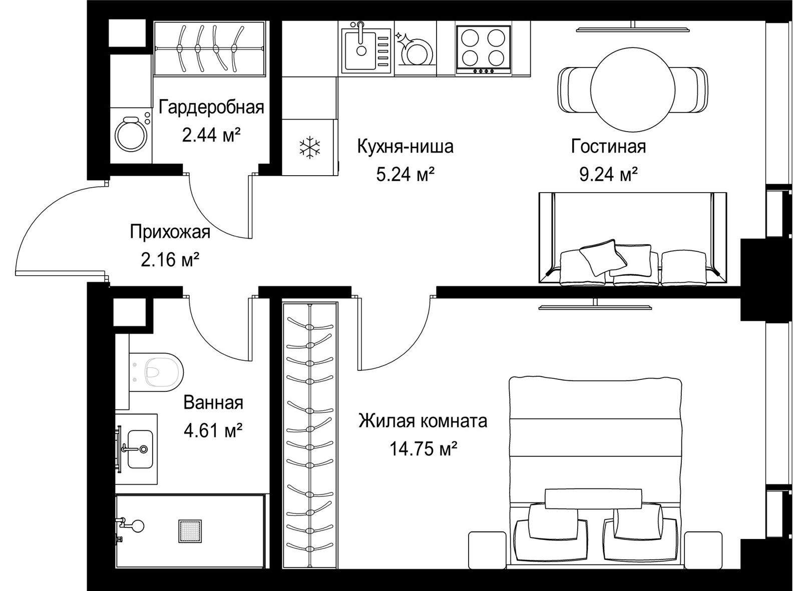 1-комнатная квартира, 38,4 м²