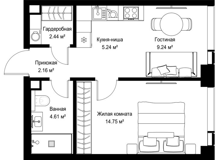 1-комнатная квартира, 38,4 м²