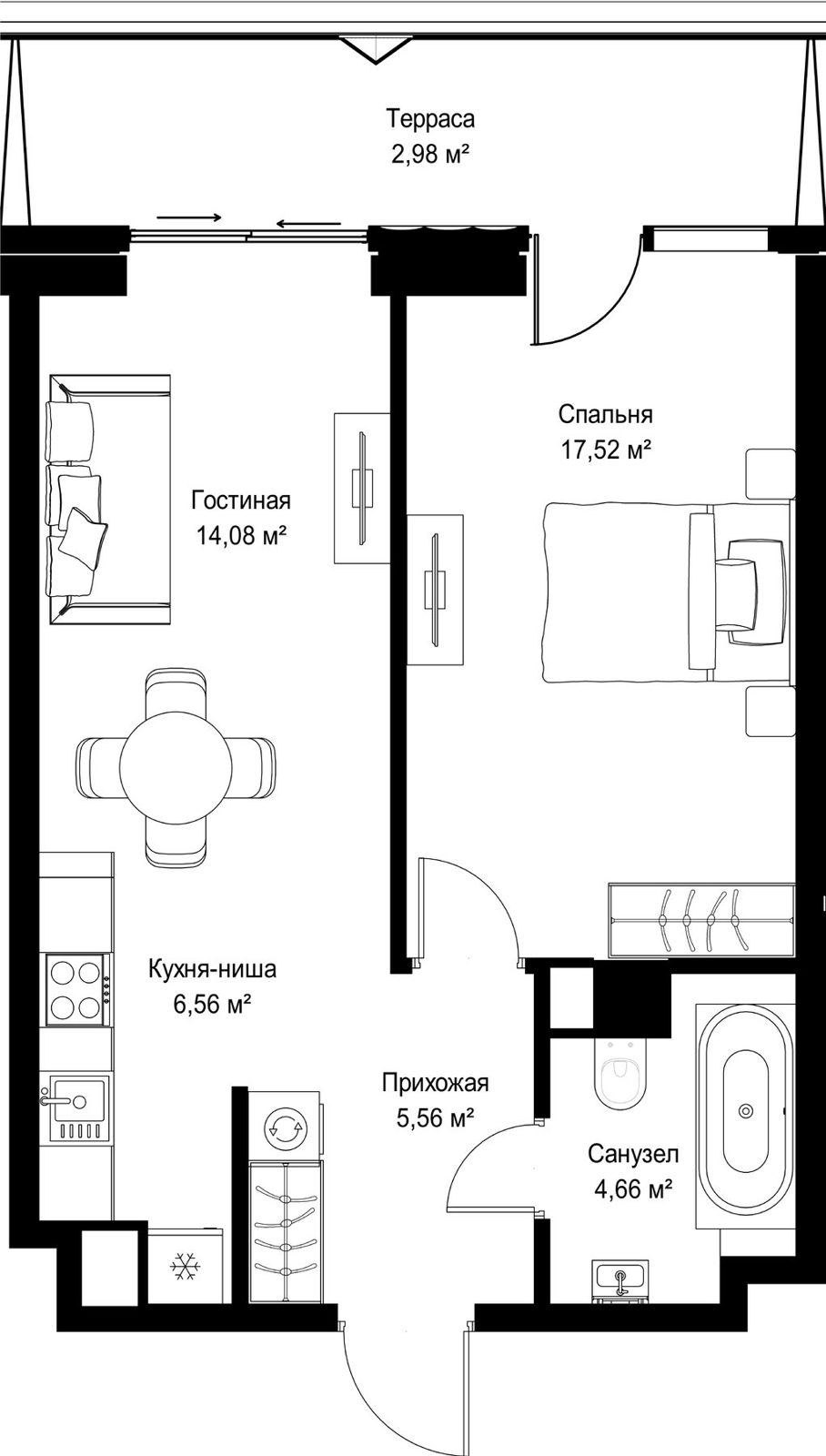 1-комнатная квартира, 51,4 м²