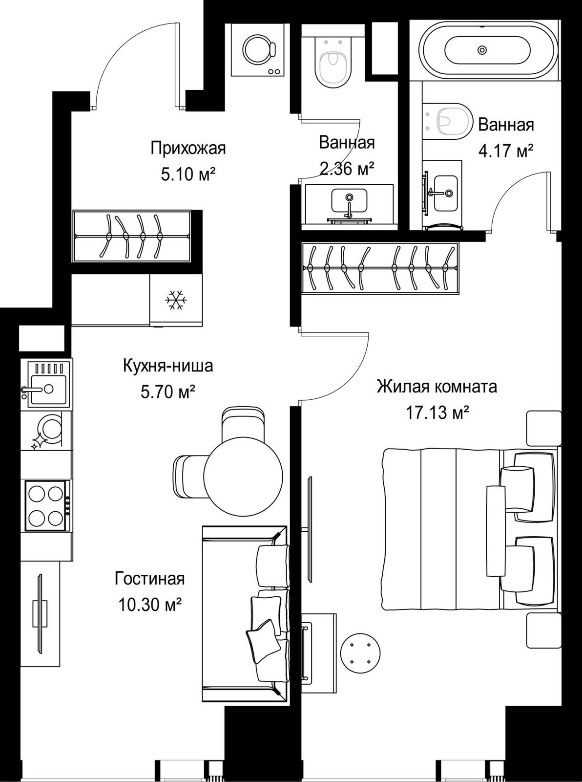 1-комнатная квартира, 44,8 м²