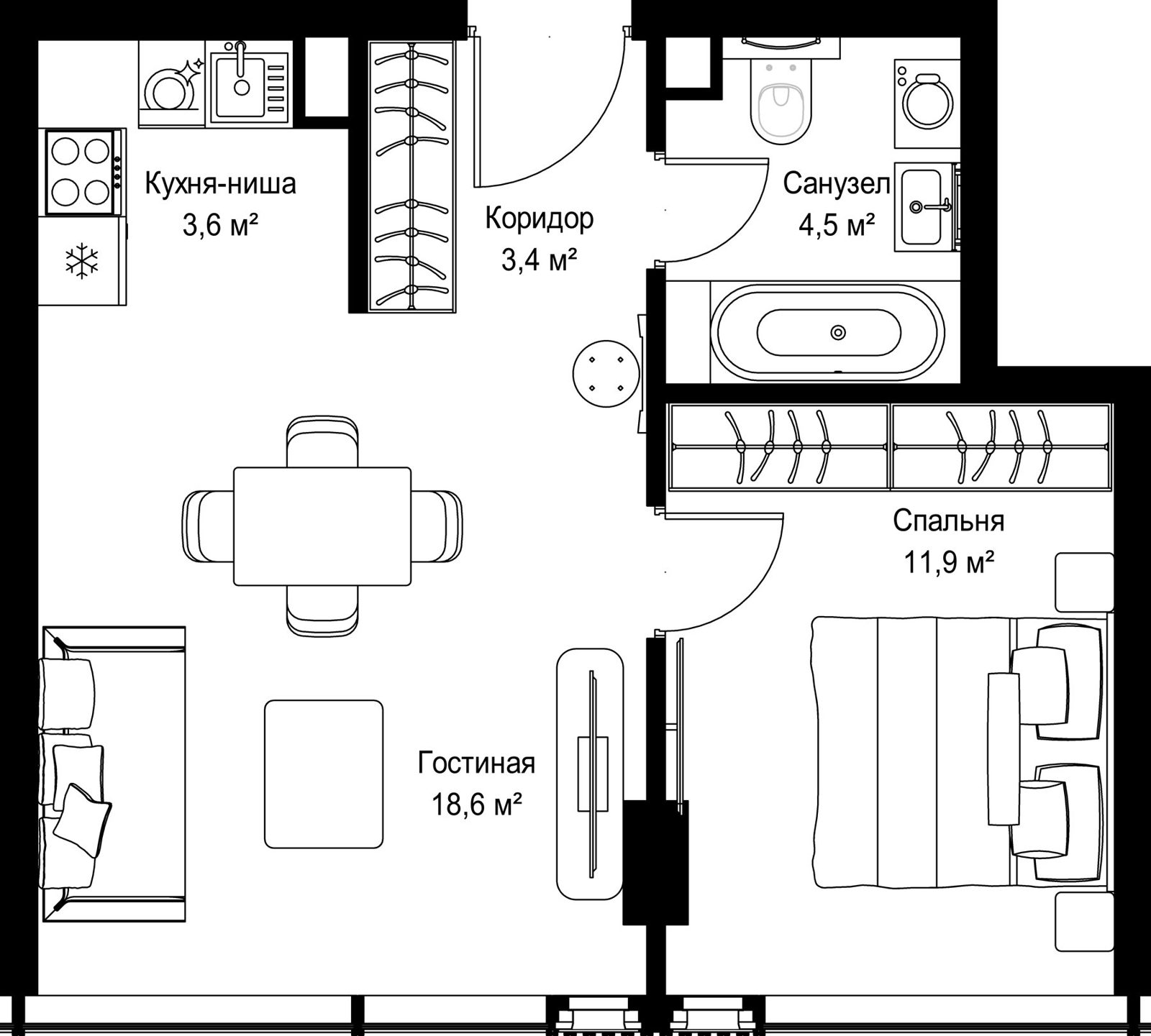 1-комнатная квартира, 42 м²