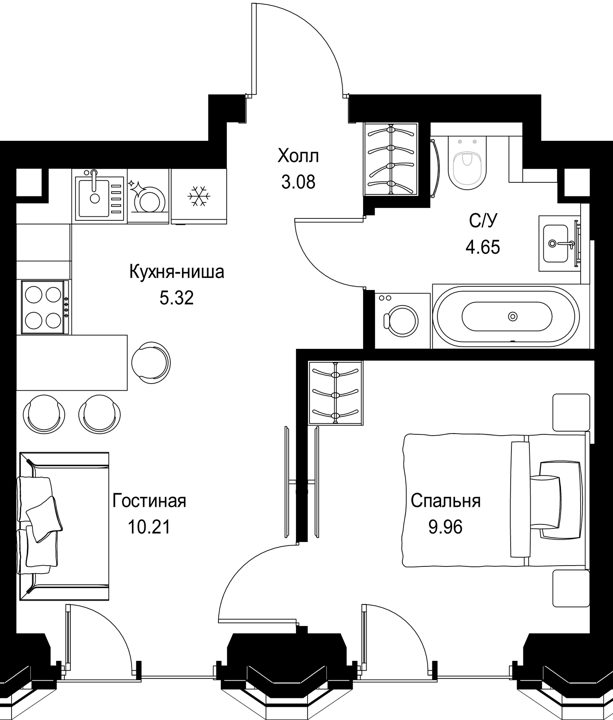 1-комнатная квартира, 32,6 м²