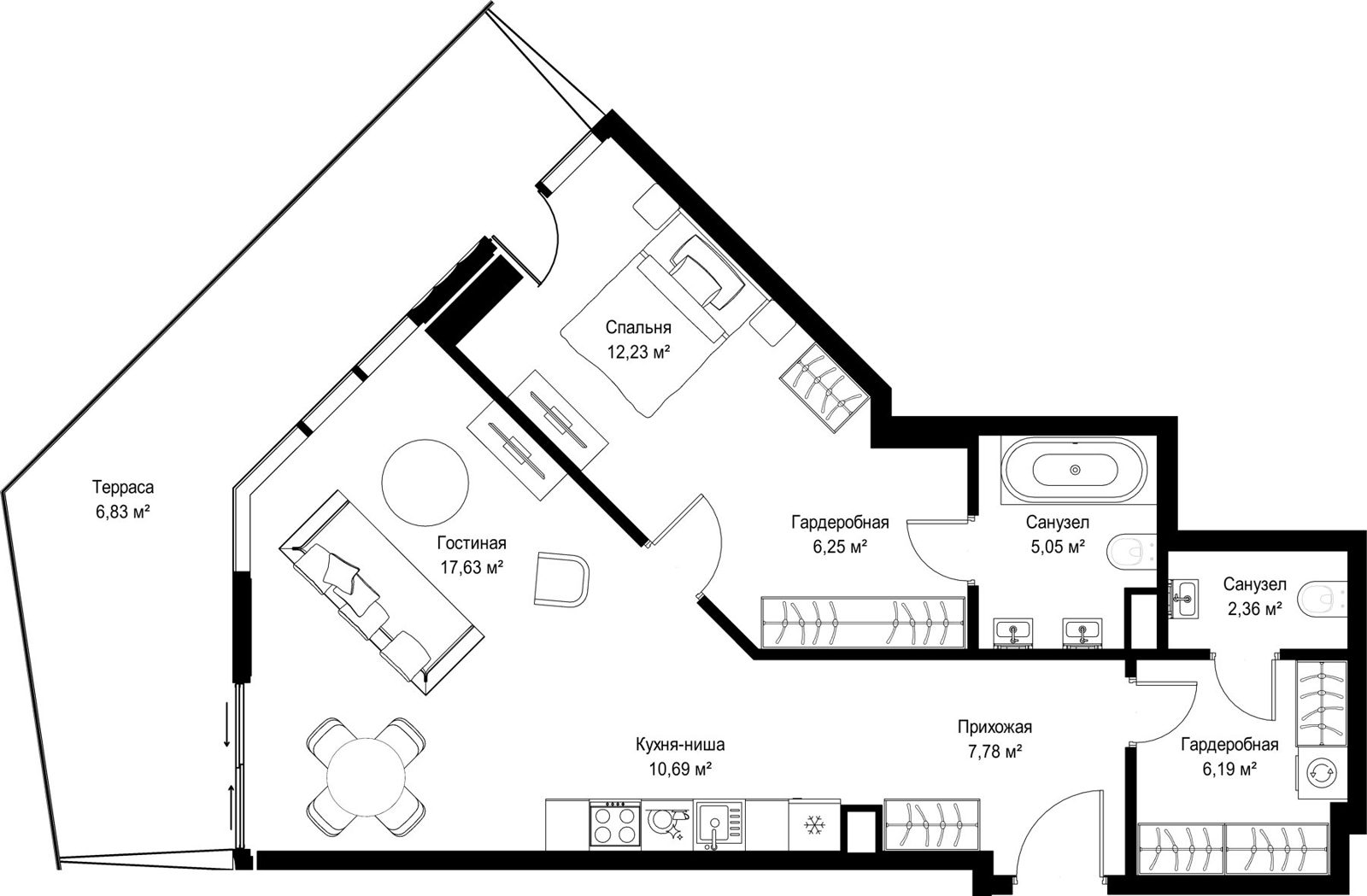 1-комнатная квартира, 75 м²