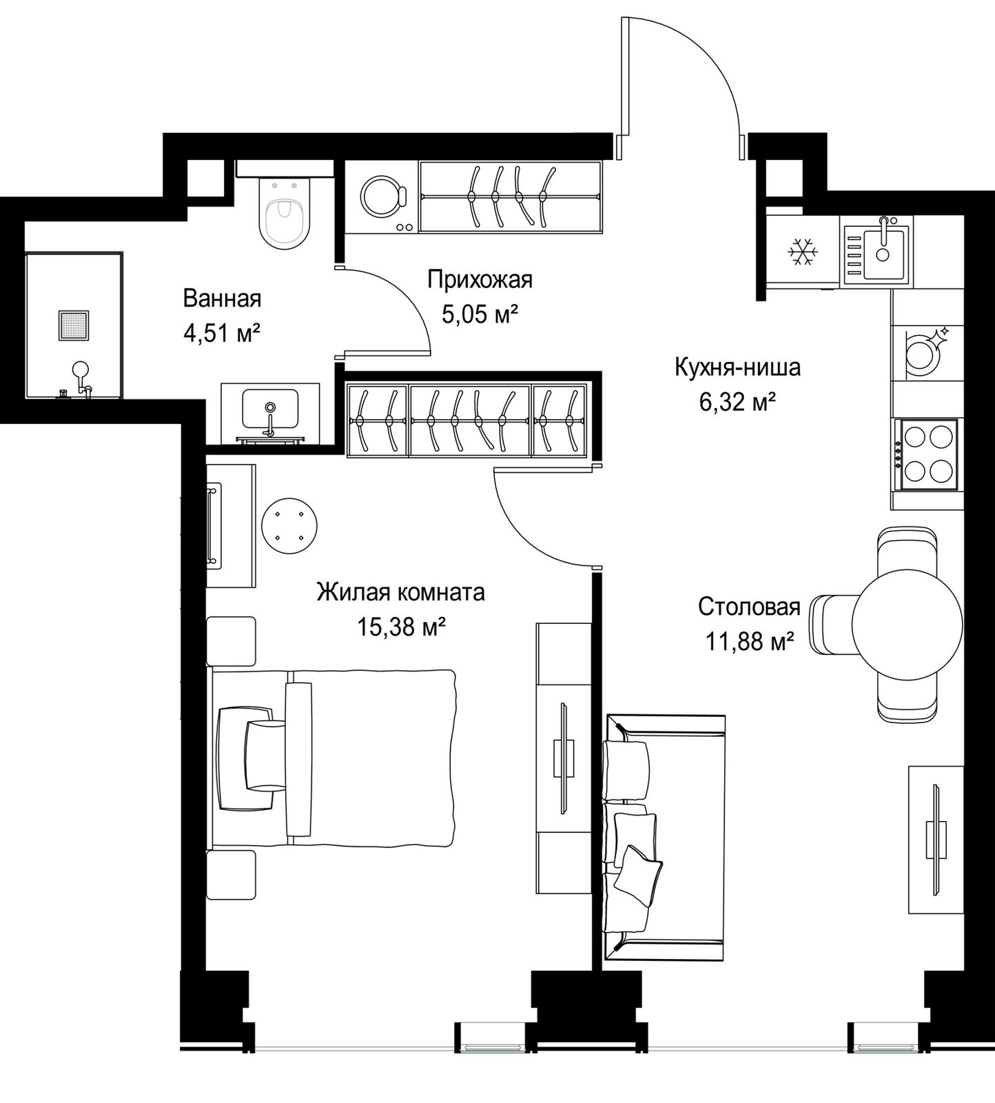 1-комнатная квартира, 43,1 м²
