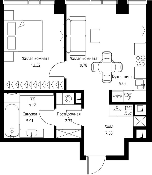 1-комнатная квартира, 48,3 м² — фото 1