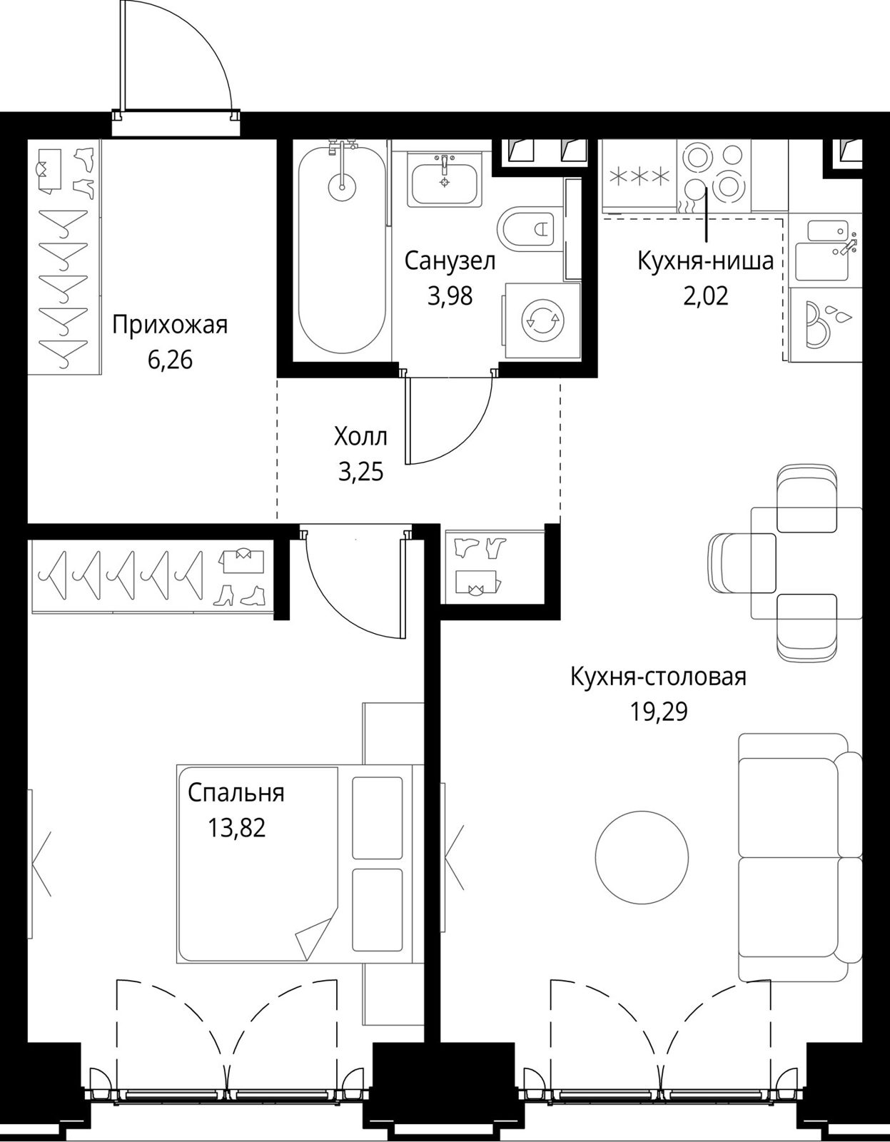 1-комнатная квартира, 48,6 м²