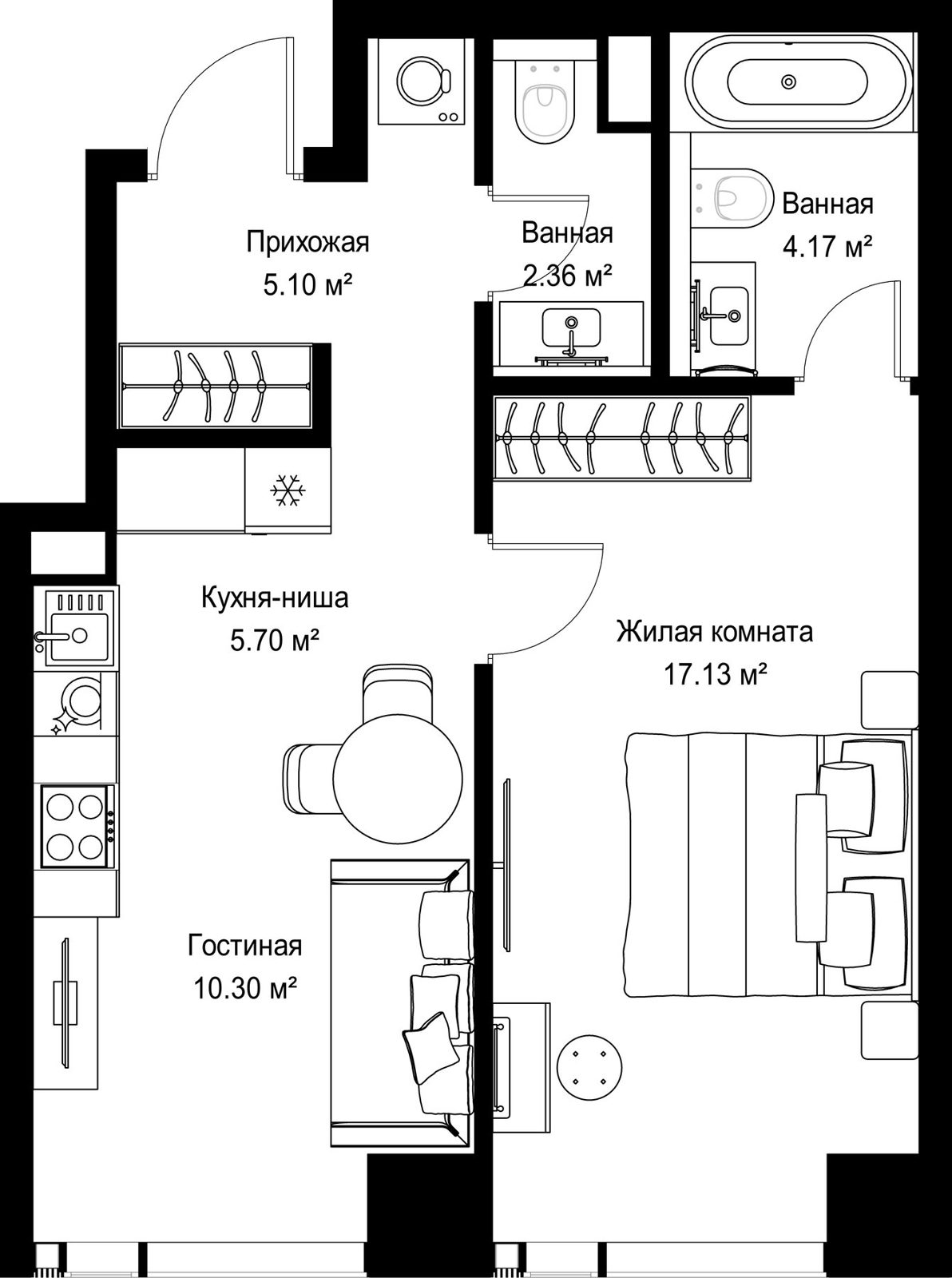 1-комнатная квартира, 44,8 м²