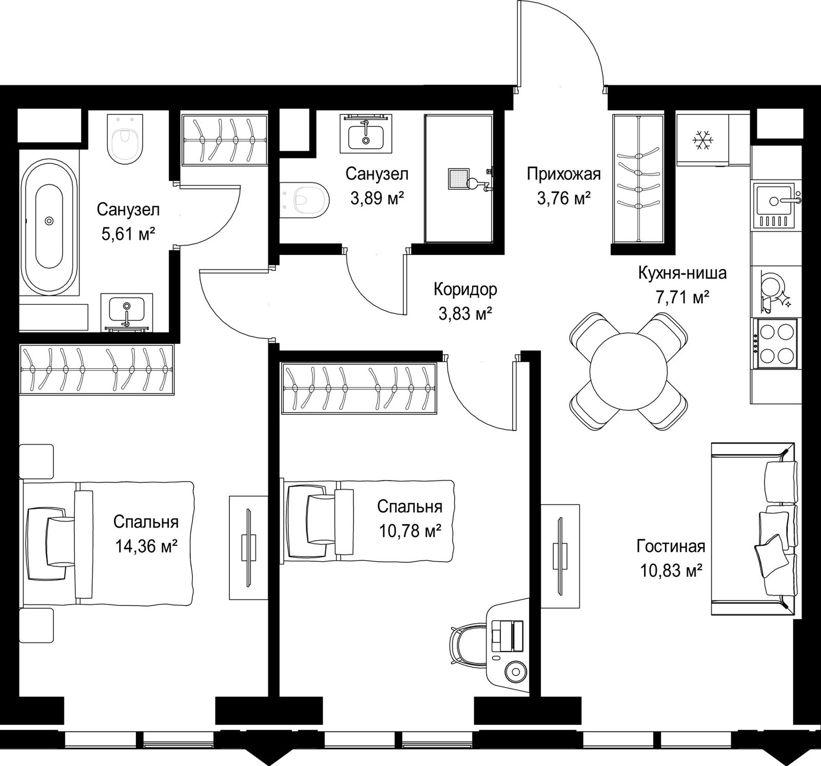 2-комнатная квартира, 60,8 м²