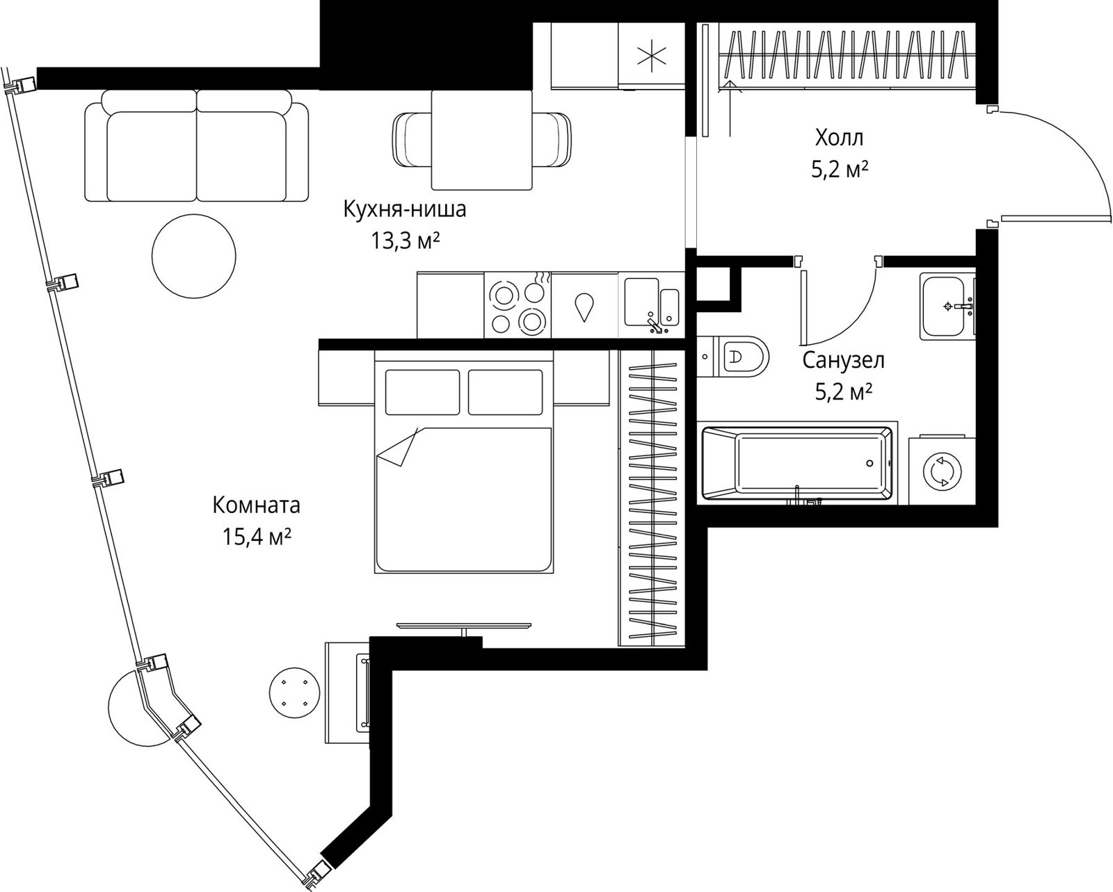 1-комнатная квартира, 39,1 м²