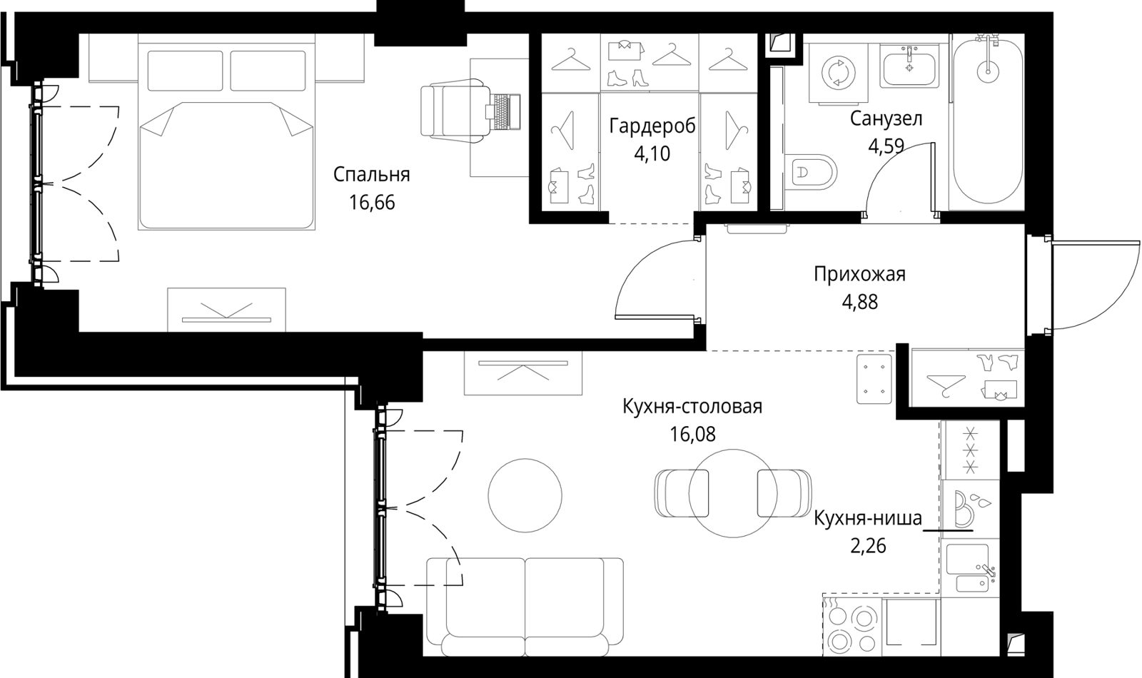1-комнатная квартира, 48,6 м²