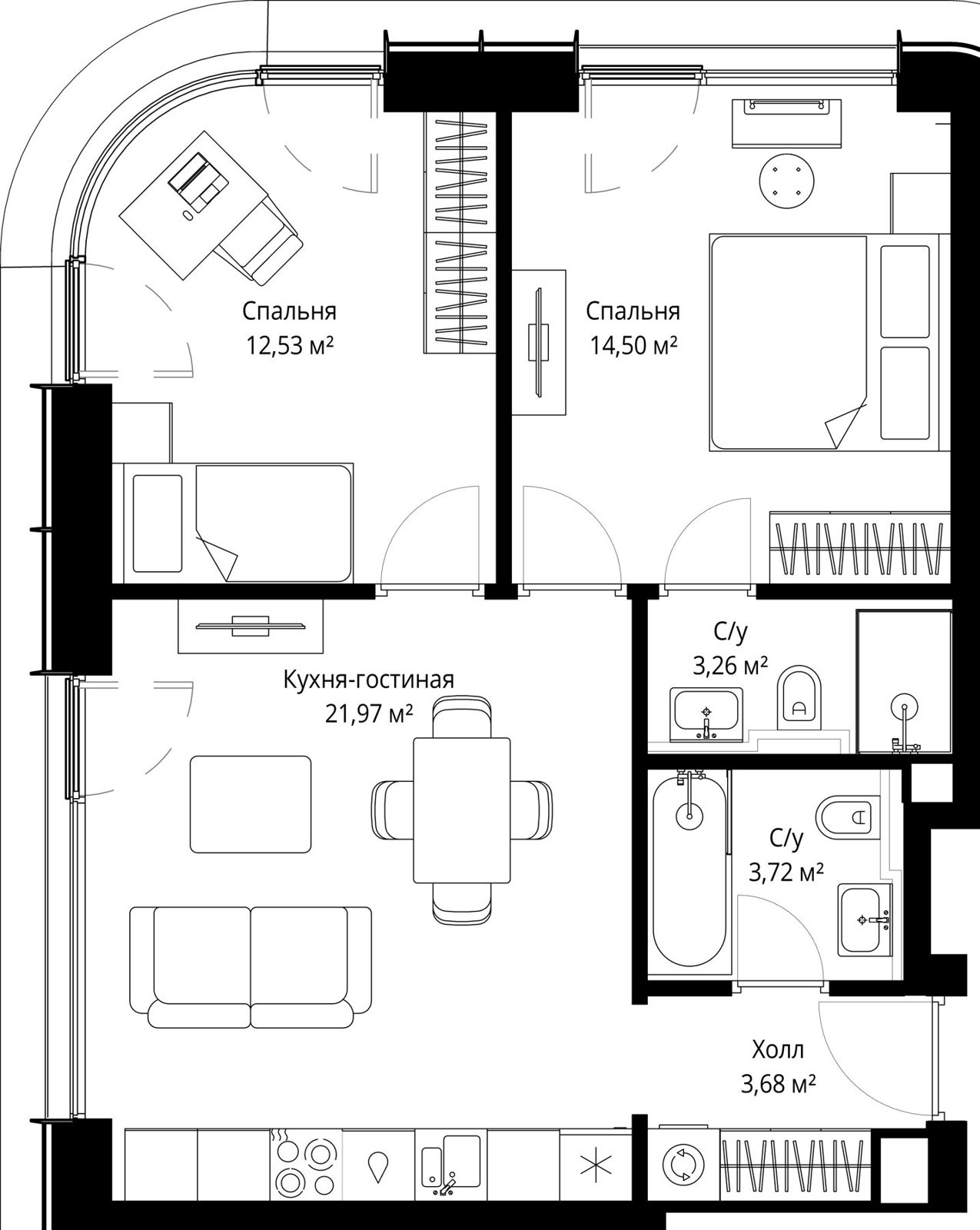 2-комнатная квартира, 59,7 м²