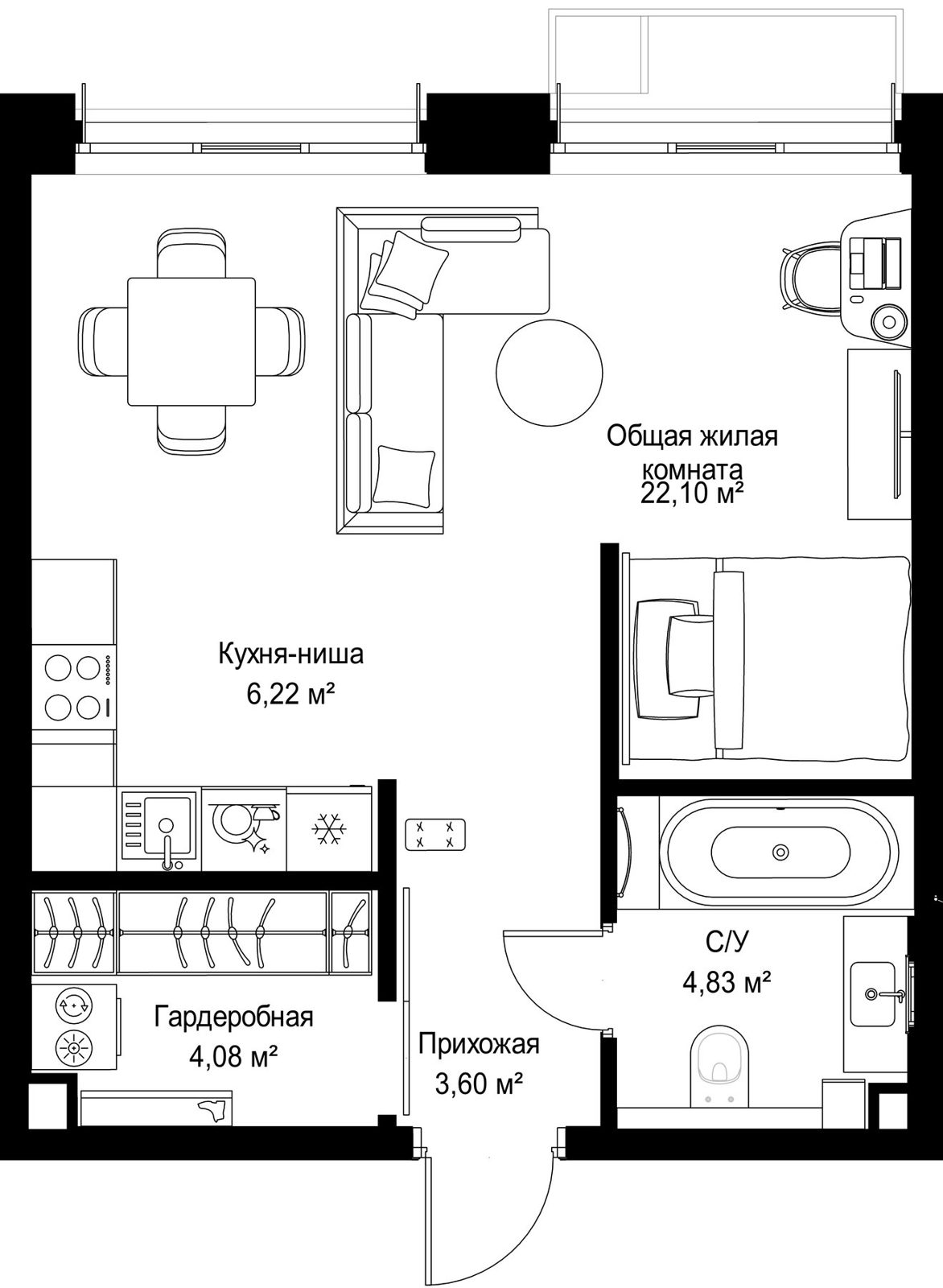 1-комнатная квартира, 40,8 м²
