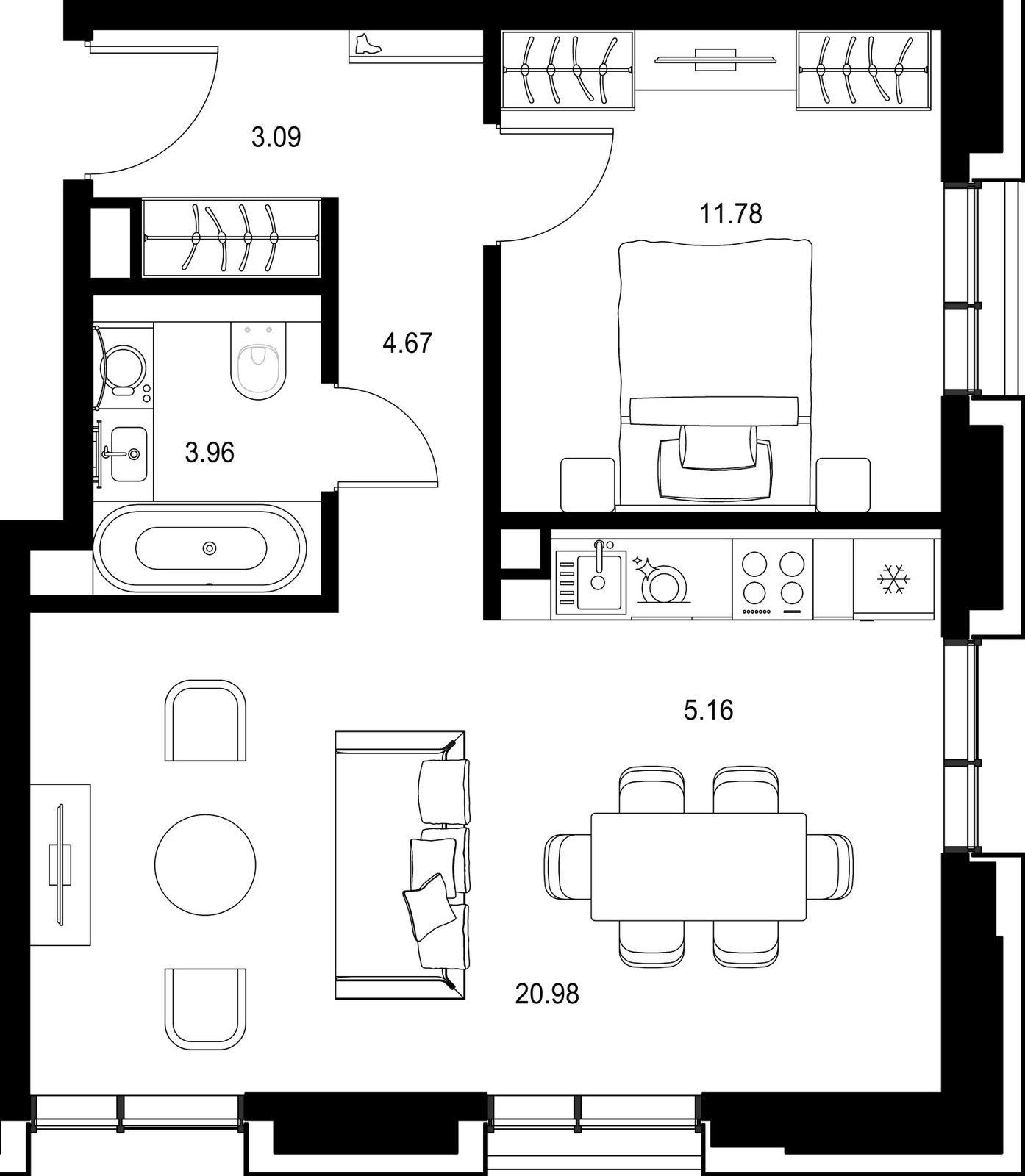 1-комнатная квартира, 49,6 м²