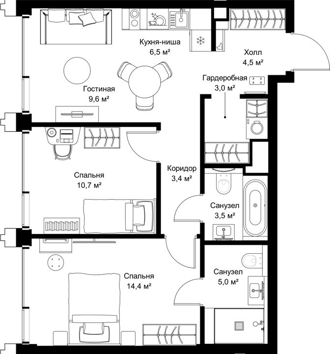 2-комнатная квартира, 60,6 м²