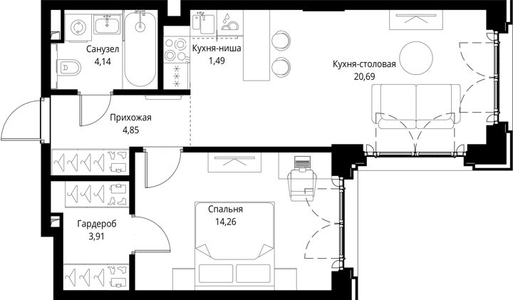 1-комнатная квартира, 49,3 м² — фото 1