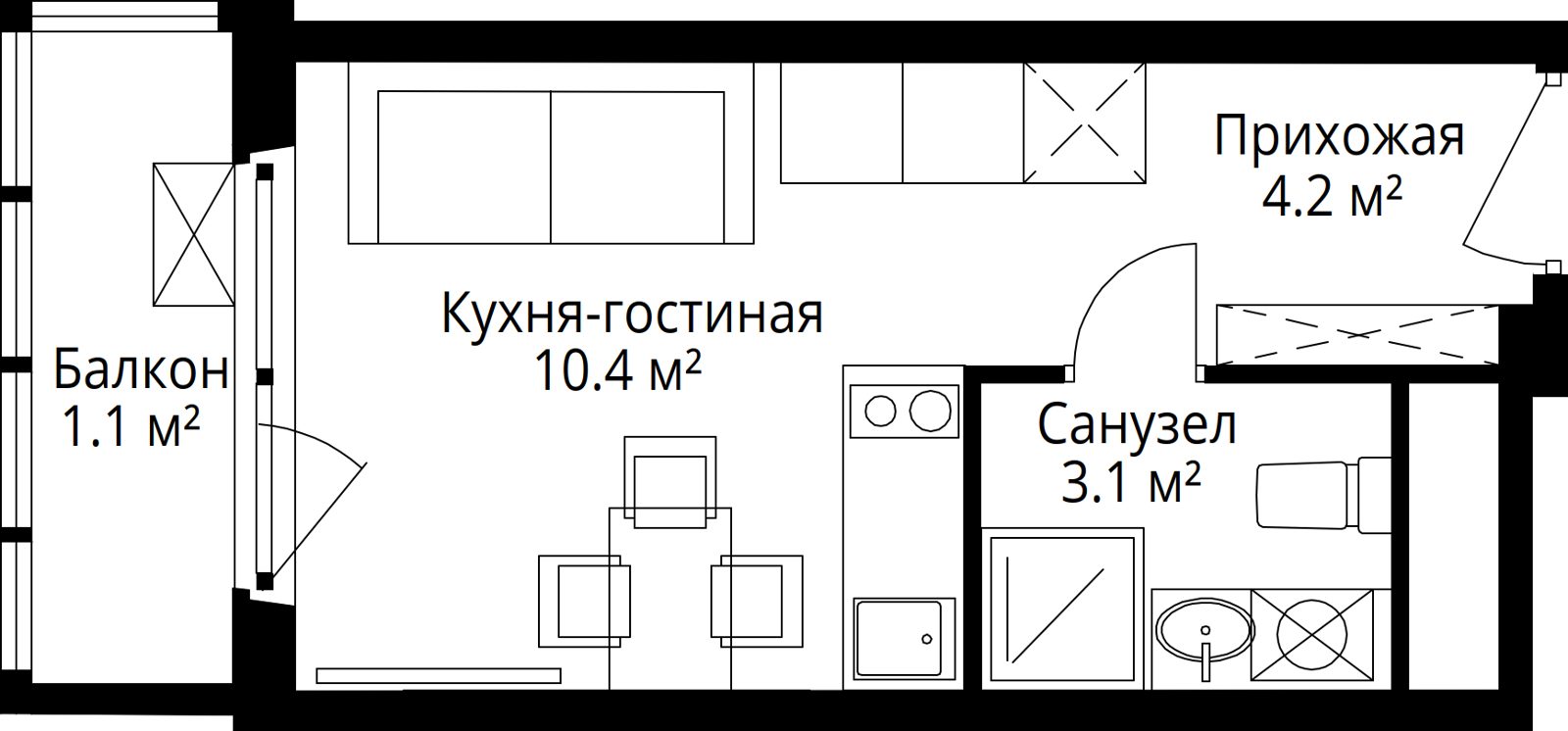 Квартира-студия, 18,8 м²