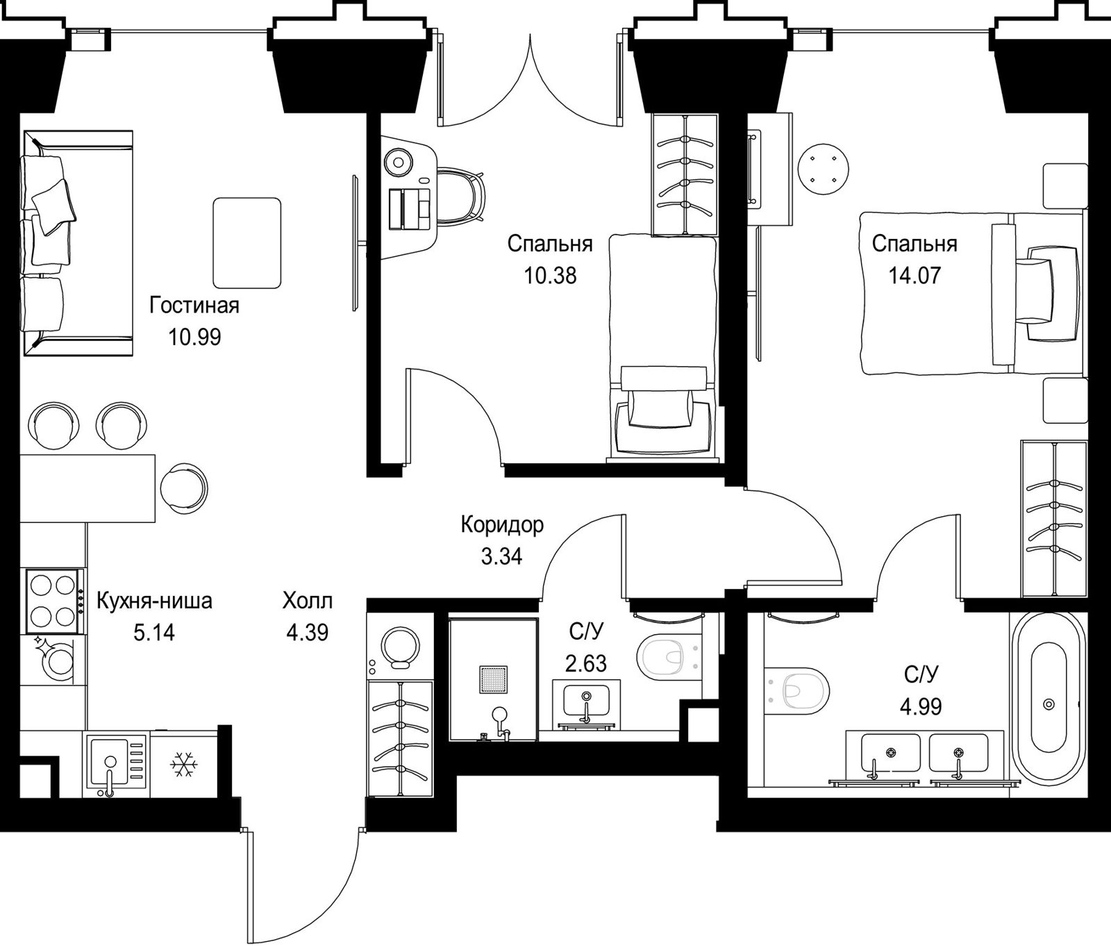 2-комнатная квартира, 55,9 м²