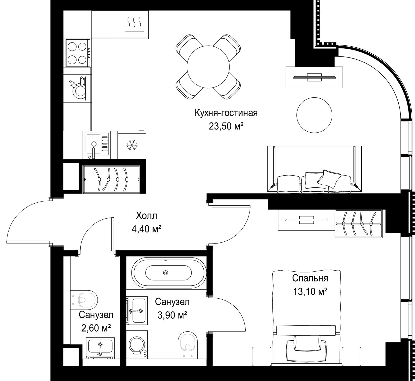 1-комнатная квартира, 47,5 м²