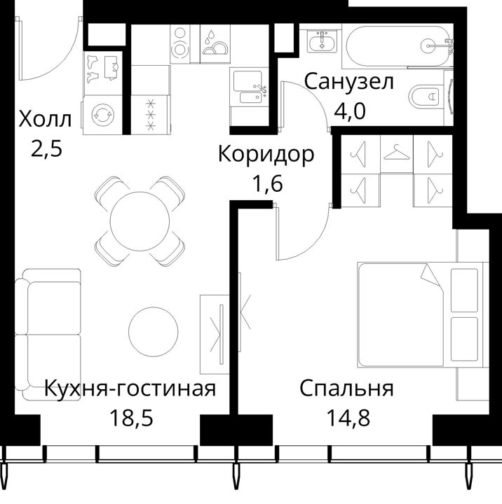 1-комнатная квартира, 41,4 м² — фото 1