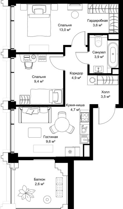 2-комнатная квартира, 55,2 м²