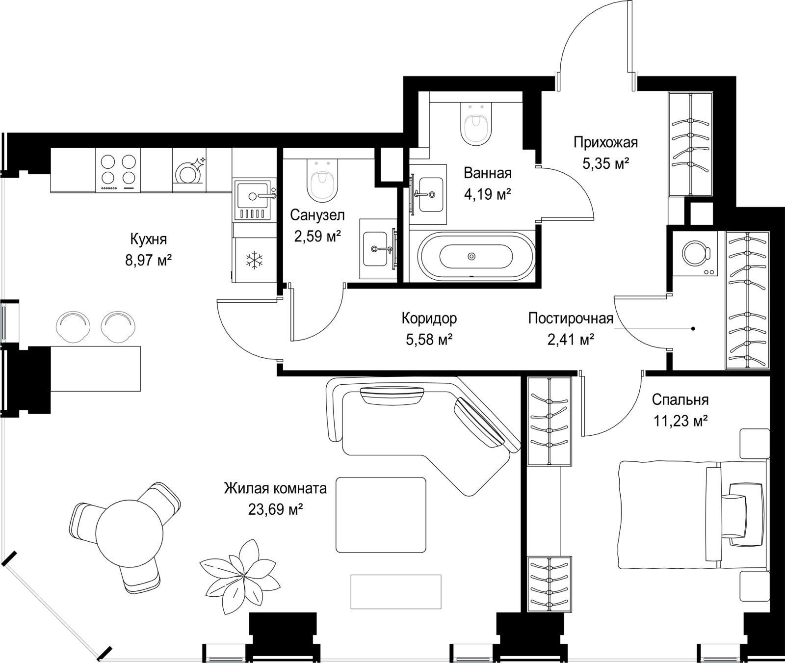 2-комнатная квартира, 64 м²