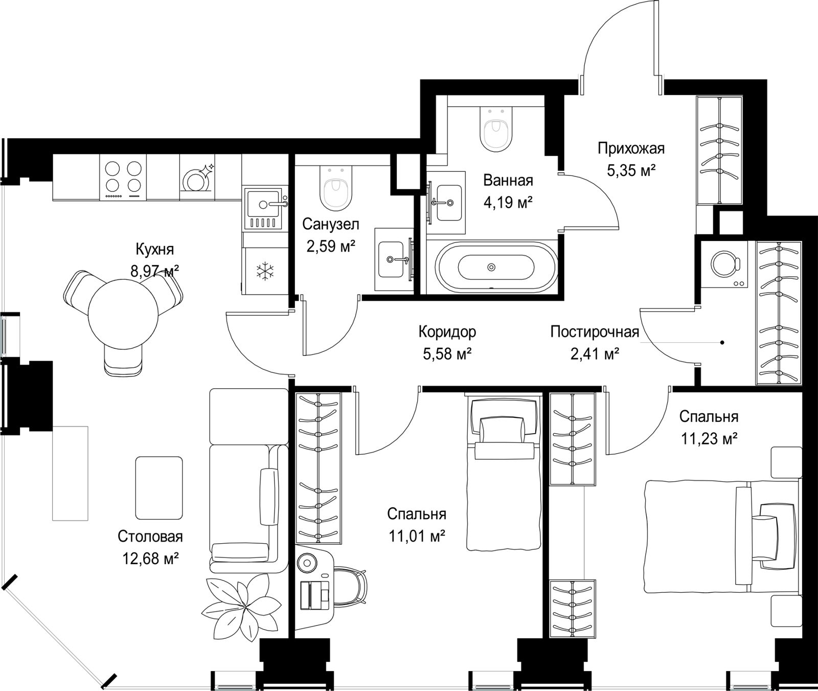 2-комнатная квартира, 64 м² — фото 2