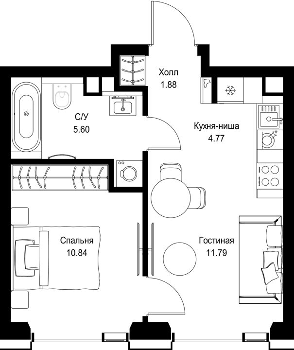 1-комнатная квартира, 34,9 м²