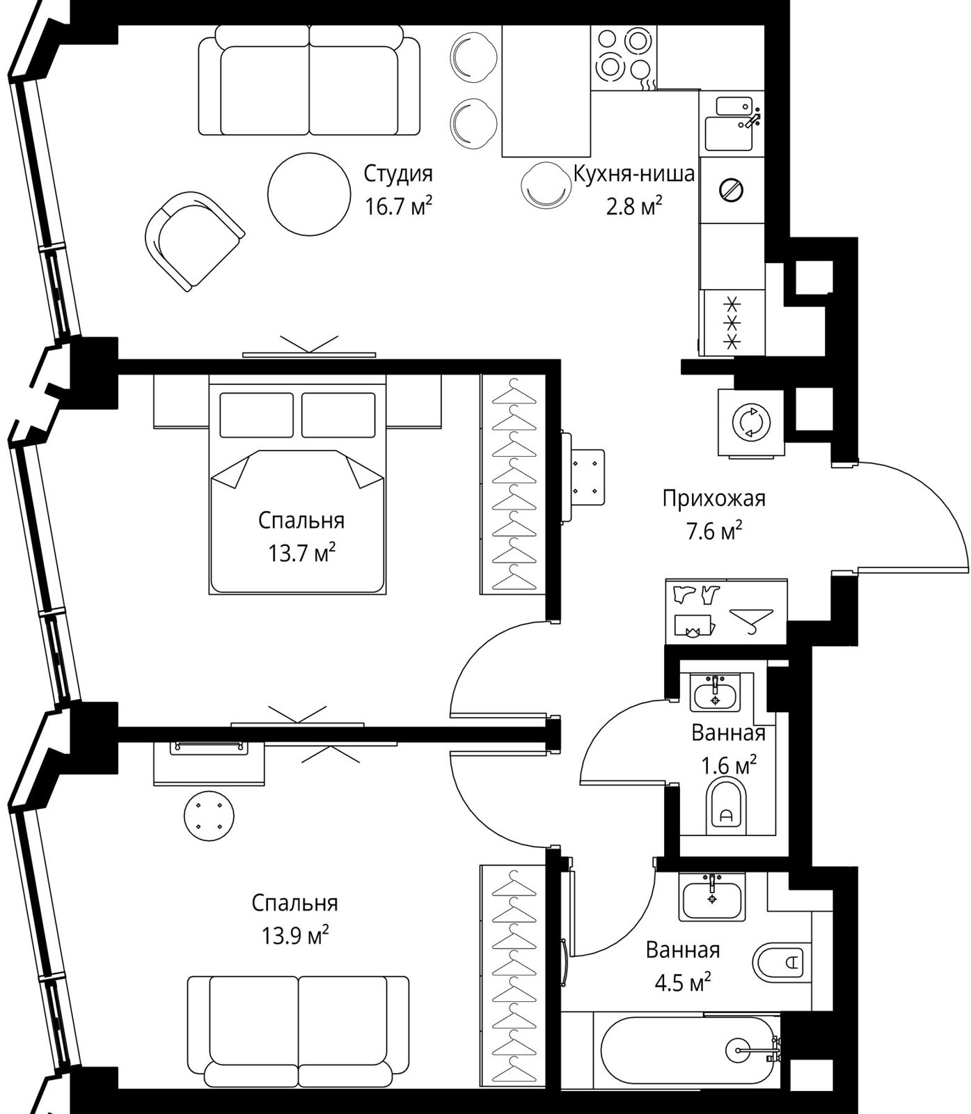 2-комнатная квартира, 60,8 м²