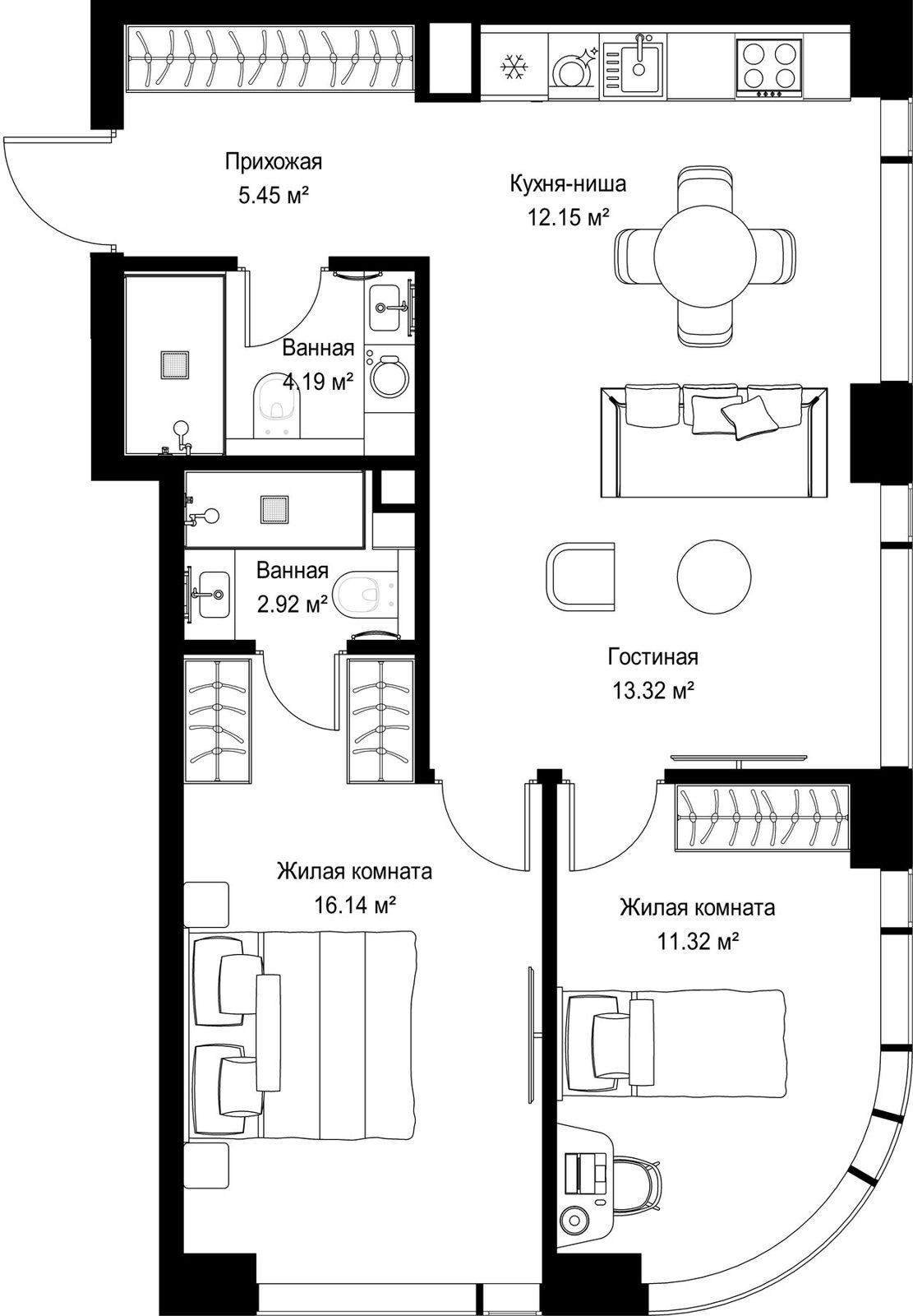 2-комнатная квартира, 65,5 м²