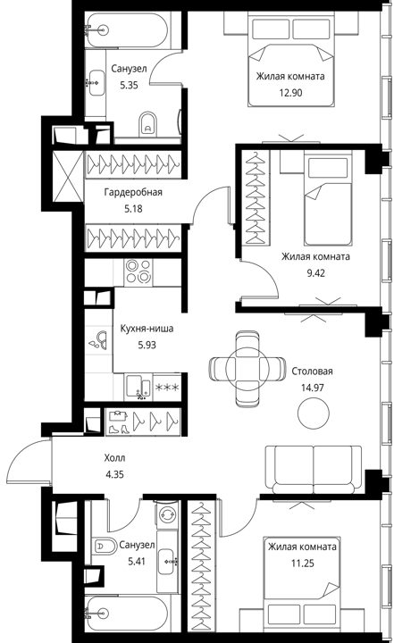 3-комнатная квартира, 76,5 м² — фото 1