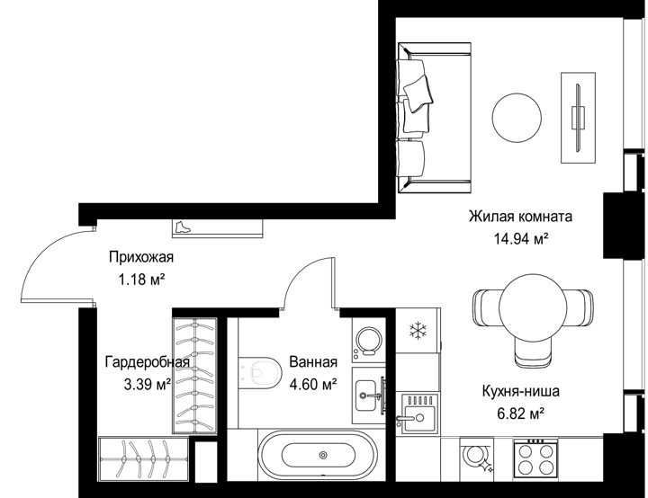 Квартира-студия, 30,9 м²