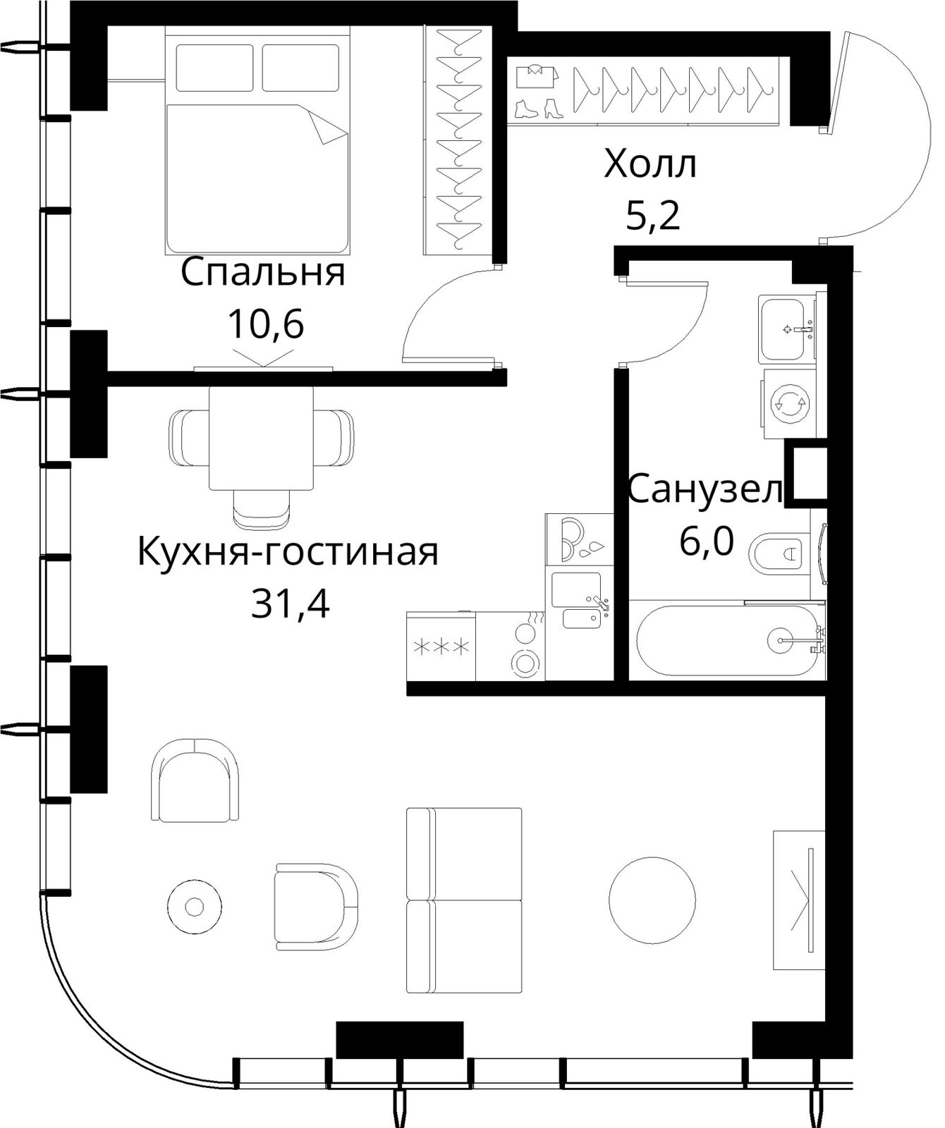 1-комнатная квартира, 53,2 м²