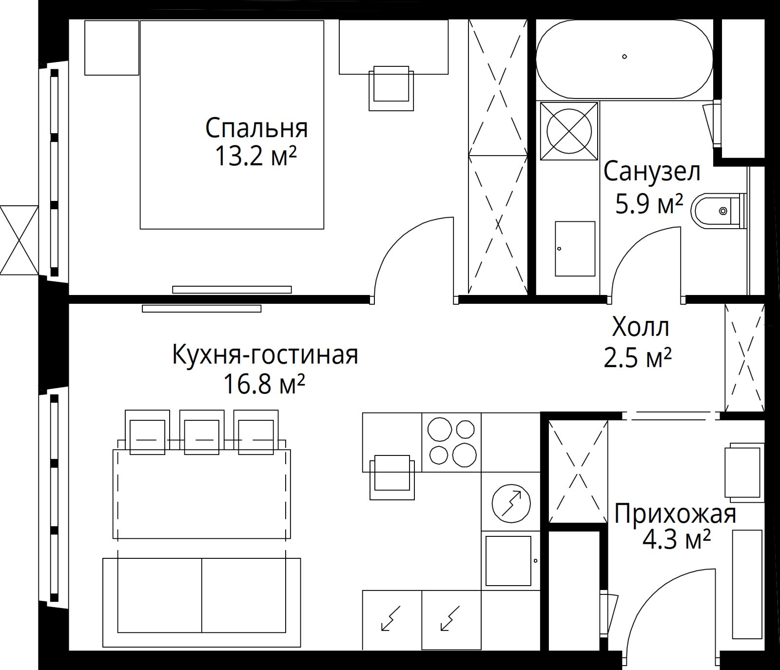 1-комнатная квартира, 42,7 м²
