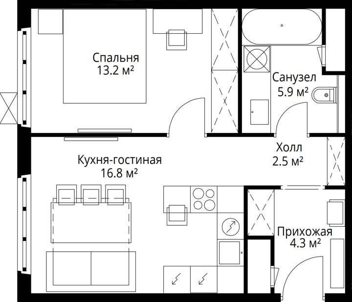 1-комнатная квартира, 42,7 м² — фото 1