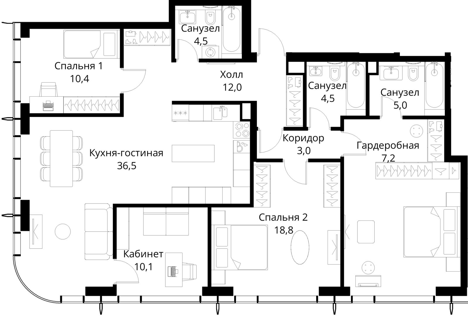 3-комнатная квартира, 129,4 м²
