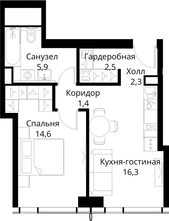 1-комнатная квартира, 43 м² — фото 1