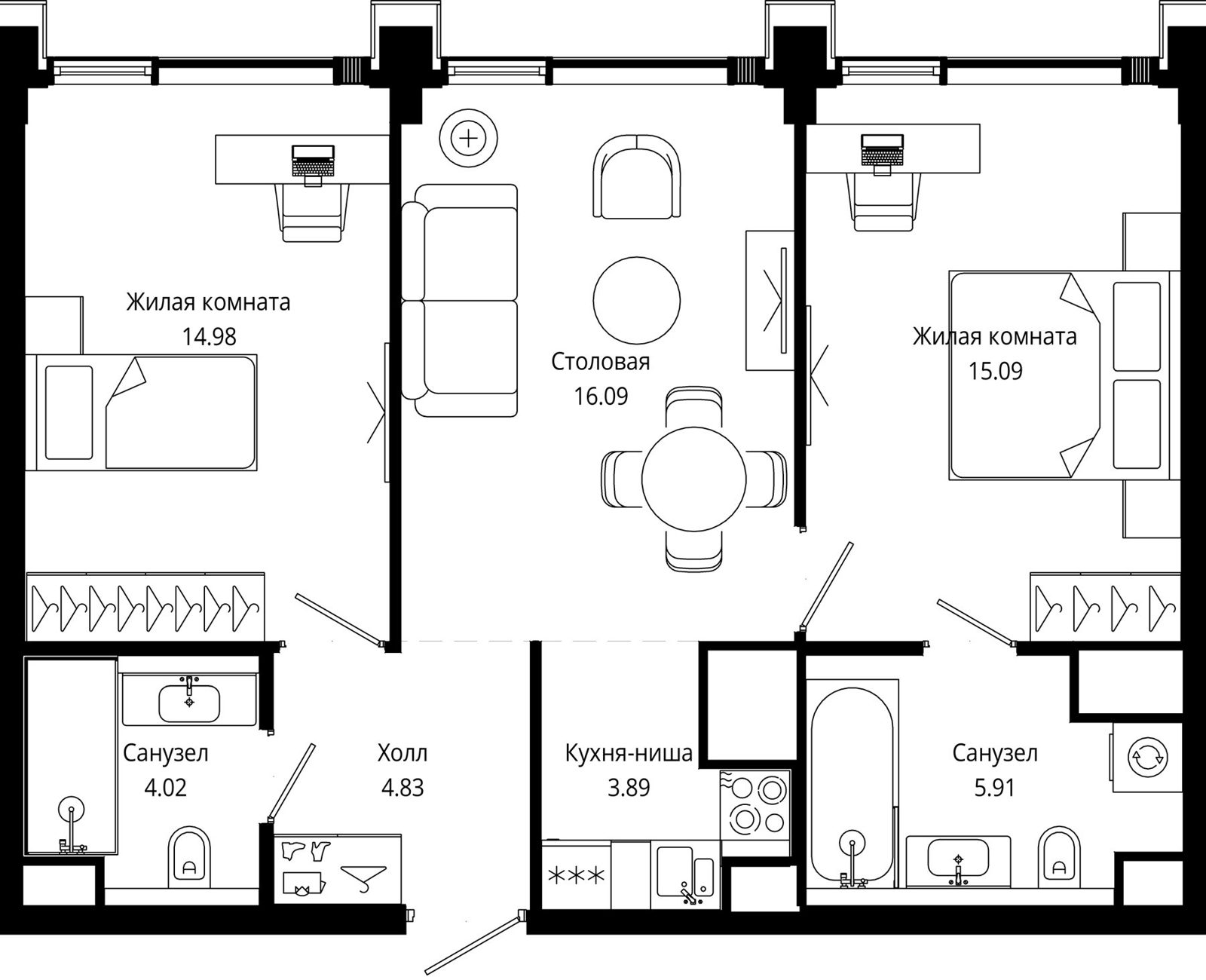 2-комнатная квартира, 65,8 м²