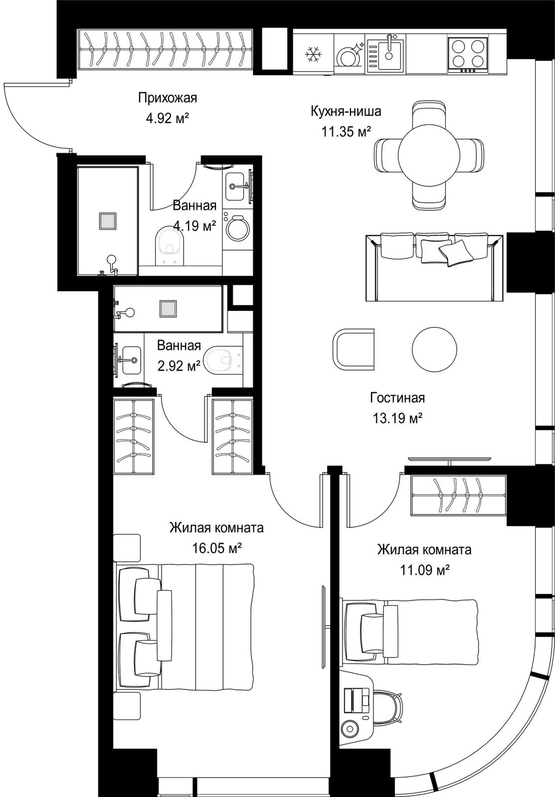 2-комнатная квартира, 63,7 м²