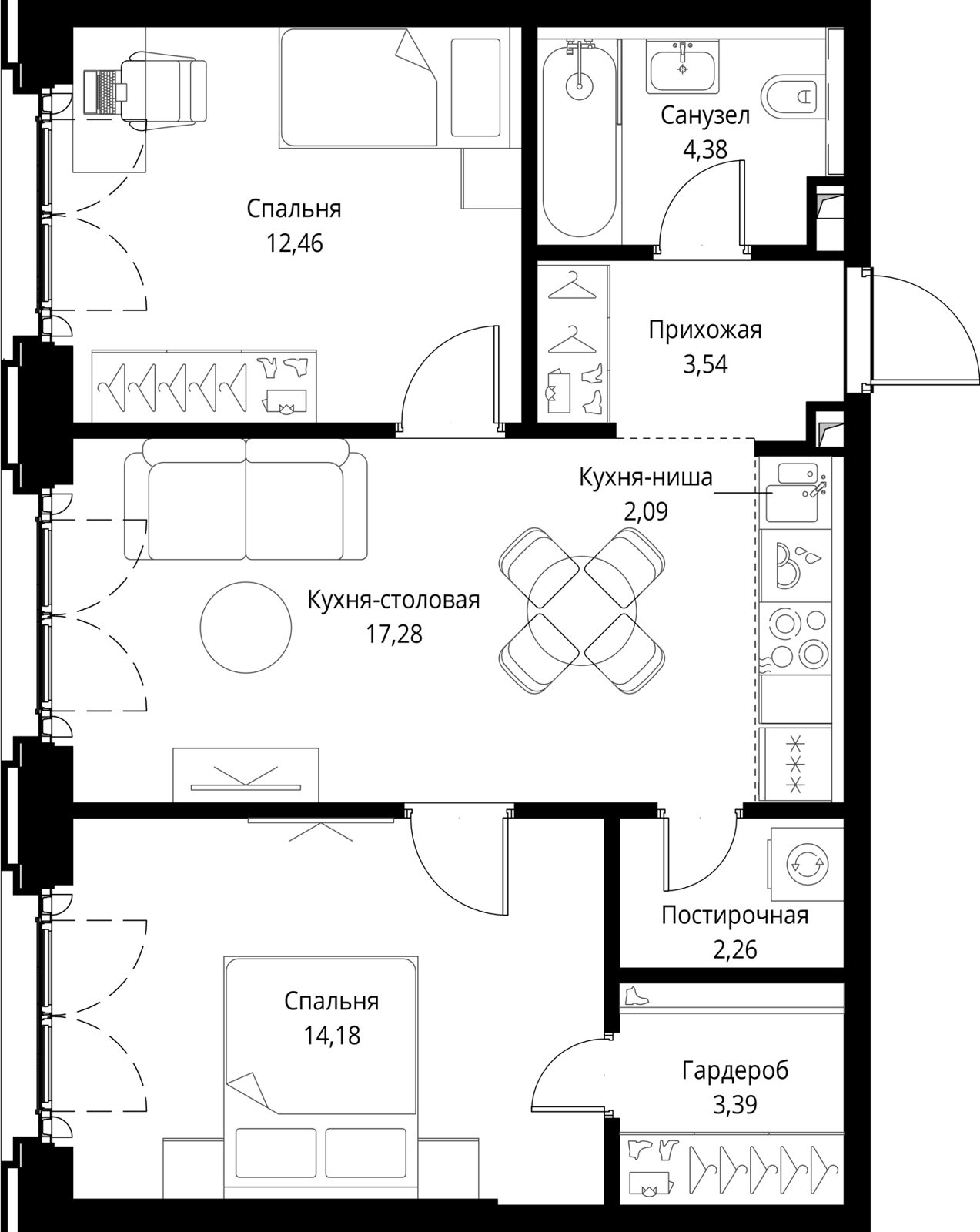2-комнатная квартира, 59,6 м²