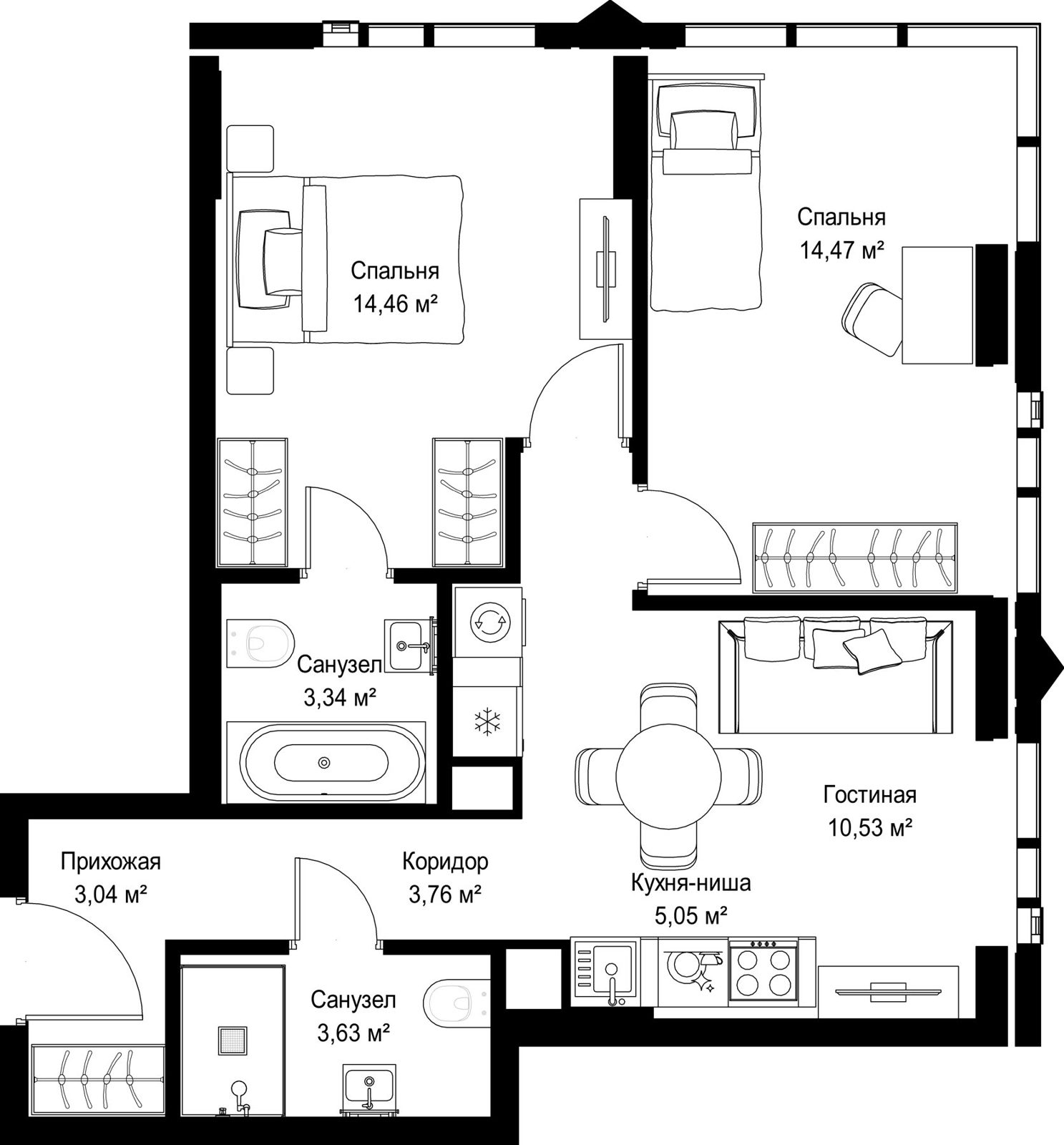 2-комнатная квартира, 58,3 м²