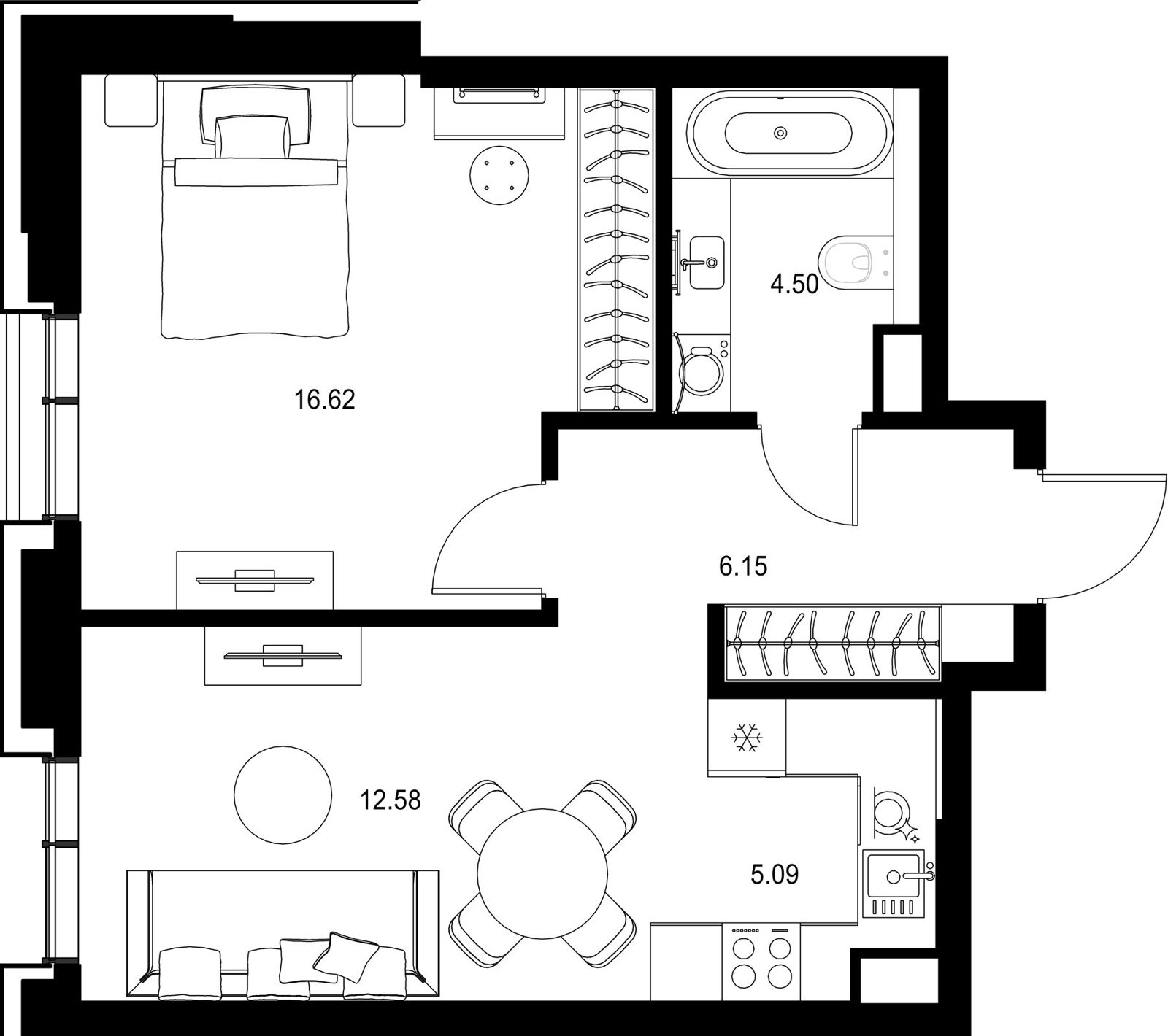 1-комнатная квартира, 44,9 м²