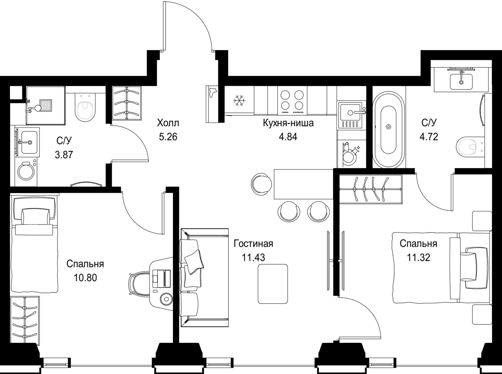 2-комнатная квартира, 51,6 м²