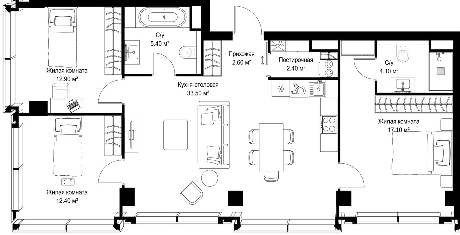 3-комнатная квартира, 90,4 м²