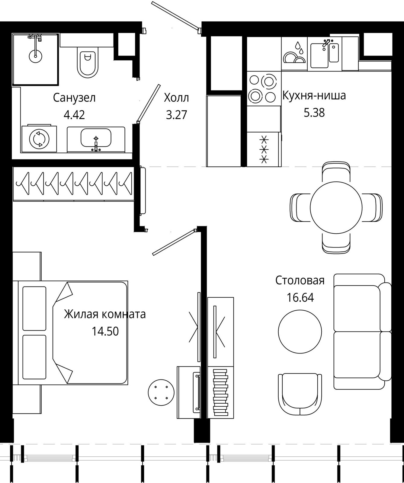 1-комнатная квартира, 44,1 м²